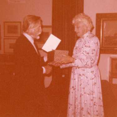 Frank Constantine OBE (1919 - 2014), Director of Sheffield City Art Galleries 1964 - 1982 with Councillor Enid Hattersley, probably on his retirement
