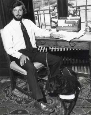 Councillor David Blunkett, Labour Party councillor for the Southey Green ward, 1970-1988 in the Town Hall with his guide dog