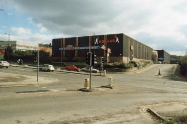 Halifax Road showing (left) Halfords Superstore and Quasar, bowling alley, Kilner Way