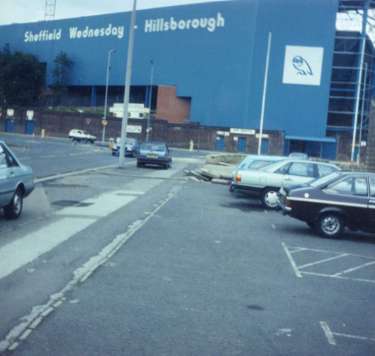Junction of (foreground) Herries Road and (centre) Penistone Road North showing Sheffield Wednesday F.C.'s Hillsborough football ground
