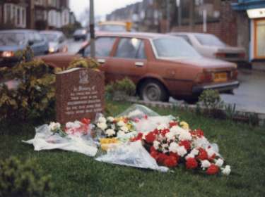Memorial to those who lost their lives in the Hillsborough disaster at Hillsborough football ground on the 15th April 1989, junction of Middlewood Road and Wadsley Lane