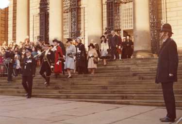 Armistice Day commemorations, Barkers Pool showing Civic procession leaving the City Hall and (top right) Cole Brothers, department store