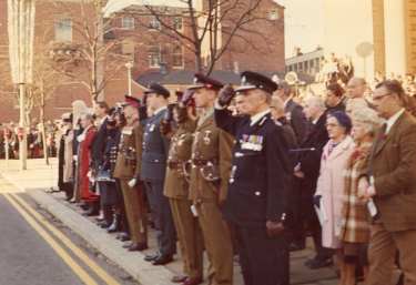 Armed Forces representatives taking the salute at the Armistice Day commemorations, Barkers Pool looking towards (centre) Holly Street 