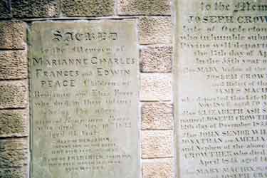 Gravestone of the Peace family, Hillsborough Barracks. Gravestone transferred from St. Philip's C. of E. Church, Infirmary Road following the demolition of the church