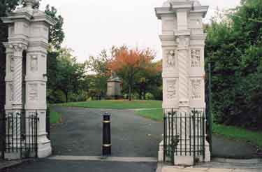 Godfrey Sykes Gates at the entrance to Weston Park, Western Bank showing (back centre) the Ebenezer Elliott Monument 