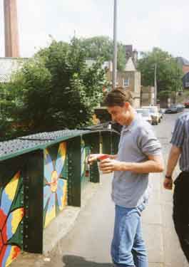 Painting mural on Hill Bridge, also known as Walkley Lane Bridge, Walkley Lane