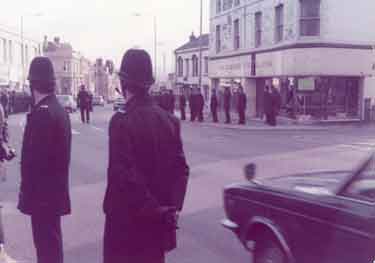 Police outside former premises of R. K. Osborne Ltd., carpet dealers, Nos. 591 - 597 Attercliffe Road