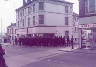 Police outside former premises of R. K. Osborne Ltd., carpet dealers, Nos. 591 - 597 Attercliffe Road showing (right) No. 599 Smiths Cleaners (Jas. Smith and Sons (Cleaners) Ltd.), dry cleaners