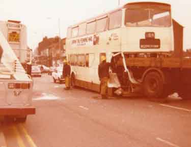 Lorry and bus crash, Attercliffe Road, c.1980 - 1981