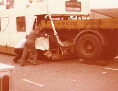 Lorry and bus crash, Attercliffe Road, c.1980 - 1981