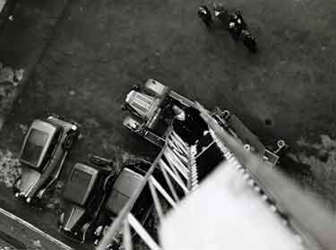 City of Sheffield Fire Brigade. View from the top of a fire engine ladder
