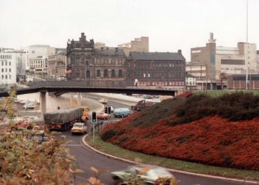 Park Square roundabout at the junction with (left) Commercial Street and showing (centre) the former Sheffield Gas Company offices, Canada House