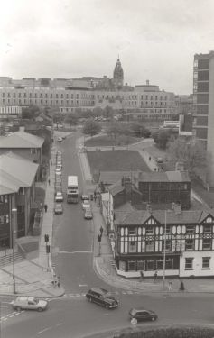 View from Sheaf Square roundabout of Howard Street showing (bottom right) Midland Hotel, (left) Sheffield Science Park, Sheffield Hallam University and (top) the Town Hall extension (known as the Egg Box (Eggbox))