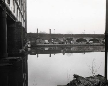 Railway arches on the canal wharf, Canal Basin showing (left) the Straddle Warehouse