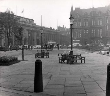 Cathedral forecourt showing (left) Cutler's Hall, Church Street and (top right) Gladstone Buildings, St. James Row