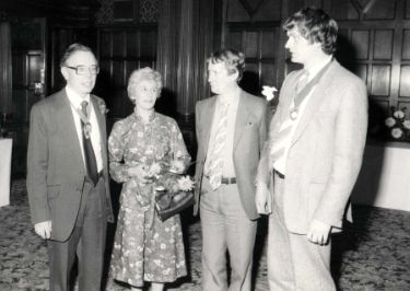 Group at unidentified event in Town Hall showing (l. to r.) Lord Mayor, Councillor Roy Munn, Lord Mayor; Lady Mayoress, Mrs Jean Munn; Councillor David Brown and Keith Crawshaw, Sheffield City Libraries