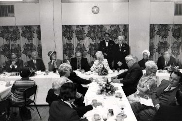 Luncheon at the Sheffield Transport Department, Greenhill following a tour of branch libraries showing an address by (standing) Lord Mayor, Councillor Leonard Cope