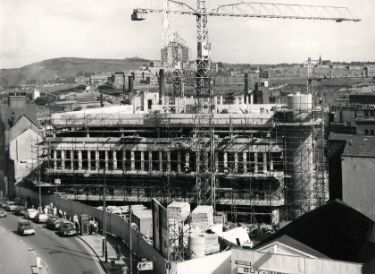 Construction of the new South Yorkshire Police Headquarters (latterly Snig Hill Police Station), Snig Hill showing (bottom right) Buywell Furnishing, Castle Street