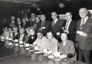 Long service awards event for John Bedford and Sons Ltd., mining tools manufacturers, Lion Works, Mowbray Street showing Laxey Morris (6th lady from right)