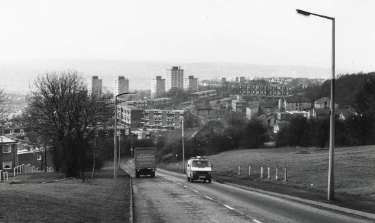 Gleadless Road looking towards (centre) Callow Mount tower block flats on the Gleadless Valley Estate