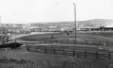 Slip road from the Parkway onto (left) Manor Lane showing view of (centre) Attercliffe and (centre right) Wincobank Hill