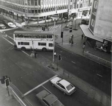 Junction of (foreground) Furnival Gate and (top right) The Moor showing (top right) Debenhams, department store