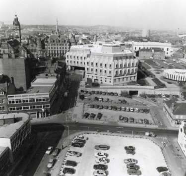 View of (left) Norfolk Street at the junction of (bottom left) Union Street, (centre) Charles Street showing (top centre) Town Hall Extension (also known as the Egg Box (Eggbox)) and (top right) Central Library and Graves Art Gallery