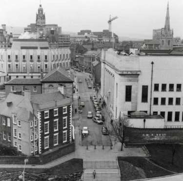 View of Surrey Street showing (bottom left) Leader House, (top left) Town Hall Extension (know as the Egg Box (Eggbox)) and (right) Central Library and Graves Art Gallery
