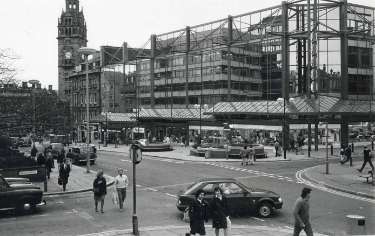 Junction of (foreground left) Balm Green, (centre) Barkers Pool and (centre right) Burgess Street showing (centre) the Gaumont Development and Odeon Cinema