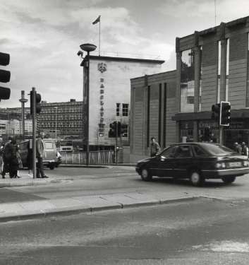 View from Haymarket of Commercial Street showing (centre) Barclays Bank and (right) Cooplands Ltd., bakers, No.1 Fitzalan Square