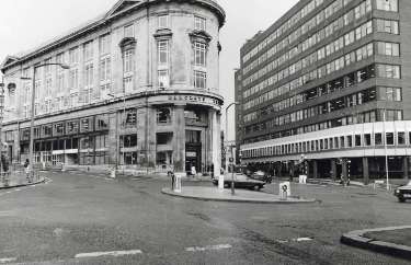Barclays Bank (formerly Martins Bank), Telephone Buildings, corner of West Street and Pinfold Street showing (right) Steel City Plaza