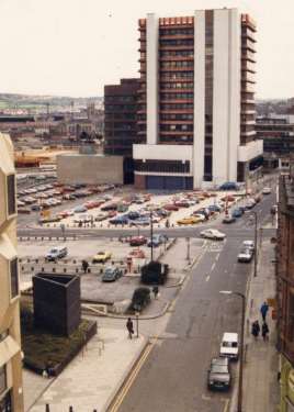 View of (centre) AEU House and Redvers House offices showing the junction of (bottom) Norfolk Street, (centre) Charles Street and (top right) Union Street