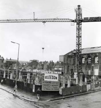 Construction of Flockton Court Flats, junction of (left) Devonshire Street and (right) Westfield Terrace showing (right) the former Mount Zion Congregational Chapel