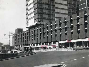Telephone House, Charter Square showing (centre) multi-storey car park and Brentfords, bedding dealers