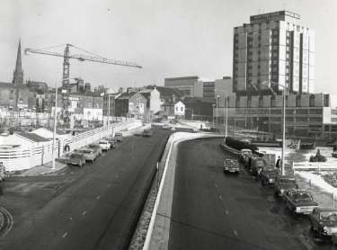 Charter Row looking towards Charter Square showing (left) the construction site for Telephone House and (top right) the Grosvenor House Hotel