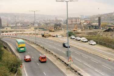 View of Parkway and (centre) restoration work on Sheffield and South Yorkshire Navigation showing (left) Sheaf Works, former premises of Thomas Turton and Sons and (top right) Bernard Road waste incinerator