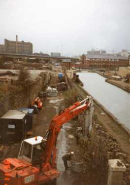 Blast Lane looking towards Park Square, showing (centre right) Navigation House and restoration work on Sheffield and South Yorkshire Navigation