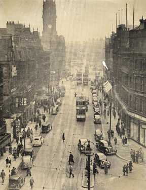 Fargate looking towards (top left) the Town Hall showing (right) Cole Brothers Ltd., department store