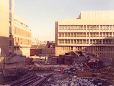 Construction of Law Courts, Waingate from junction of Water Lane, Snig Hill and Castle Street showing (left) South Yorkshire Police Headquarters