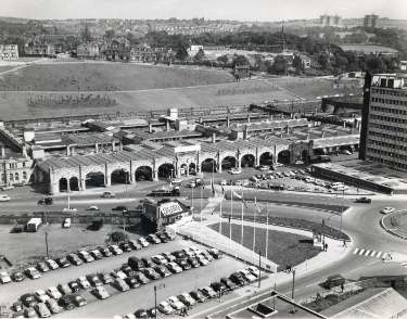 Sheffield Midland railway station looking towards (top) Shrewsbury Road showing (right) Sheaf House, Sheaf Square roundabout and (centre) the Cosy Cafe, Sheaf Street