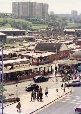 View from Flat Street showing (foreground) Pond Street Bus Station, (centre left) Sheaf Valley baths, (centre right) Sheffield Midland railway station and (top centre) Claywood Flats