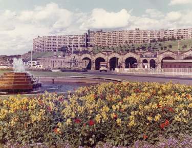 Sheaf Square roundabout showing (centre) Sheffield Midland railway station and (top) Park Hill Flats