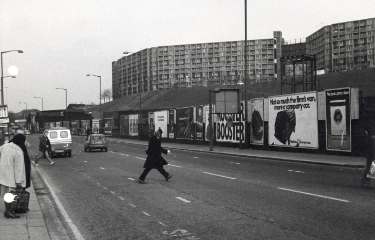 Advertising hoardings on Sheaf Street showing (top) Park Hill Flats