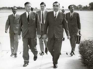 Sir John Osborn (1922 - 2015) MP arriving at Islamabad Airport with Mr Roedad Khan, Secretary, Ministry of Information and National Affairs, [Government of Pakistan]