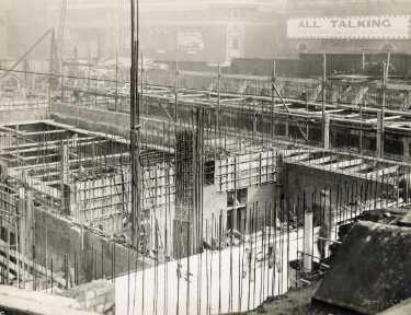 Construction of Sheffield City Hall, Barkers Pool looking towards (top left) the Regent Cinema and (top right) the Albert Hall
