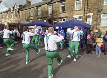 Sheffield City Morris dancing at Crookes Street Market, [Colchester Road and Stannington View Road]