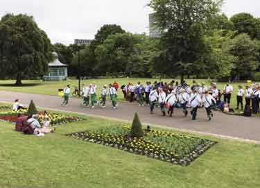 Sheffield City Morris dancing in Weston Park gardens, 2022 celebrating the 21st birthday of Pecsaetan Morris