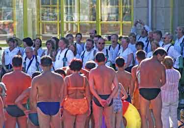 Sheffield City Morris performing at the local thermal baths, Hungary