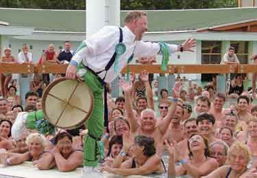 Sheffield City Morris performing at the local thermal baths, Hungary