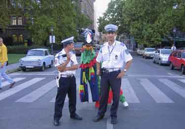 Sheffield City Morris's horse 'Shergar' talking to Hungarian policemen in Budapest, Hungary